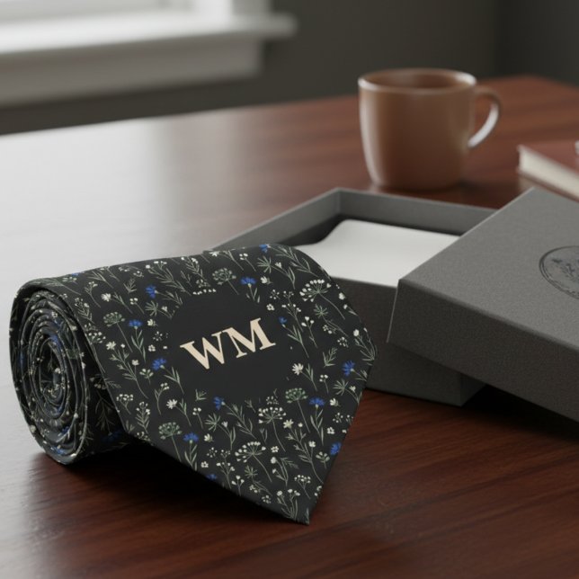Meadow Floral Monogram – Groomsmen wedding Neck Tie (Monogram floral necktie)