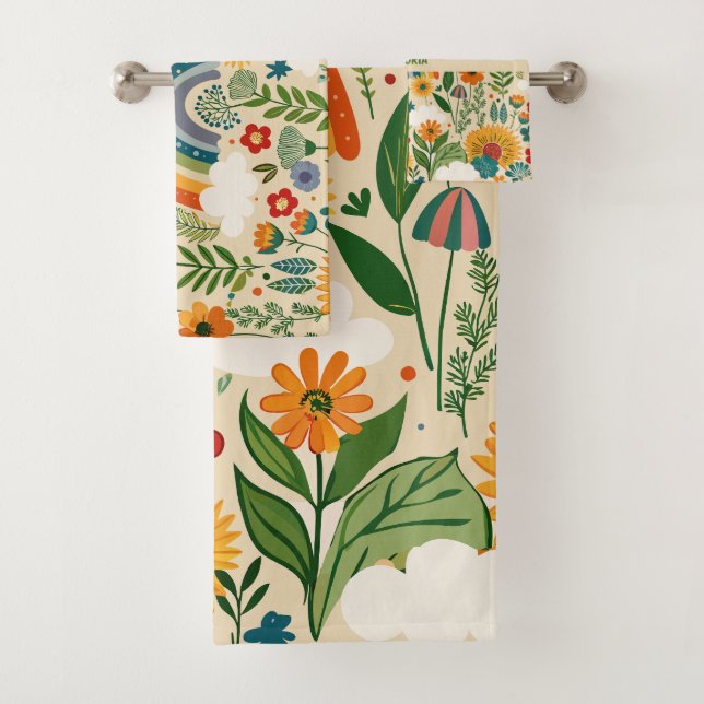 Meadow Florals Rainbow Custom Pattern Bath Towel Set (Insitu)