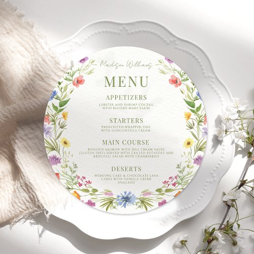 Meadow Flower Wildflower Wedding Round Flat Menu