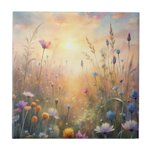 Meadow Flowers and Butterflies Ceramic Tile