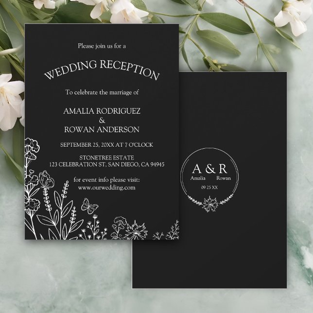 Meadow Flowers Black and White Wedding Reception Invitation (Creator Uploaded)