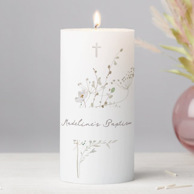 meadow flowers bouquet Baptism  Pillar Candle (In Situ)