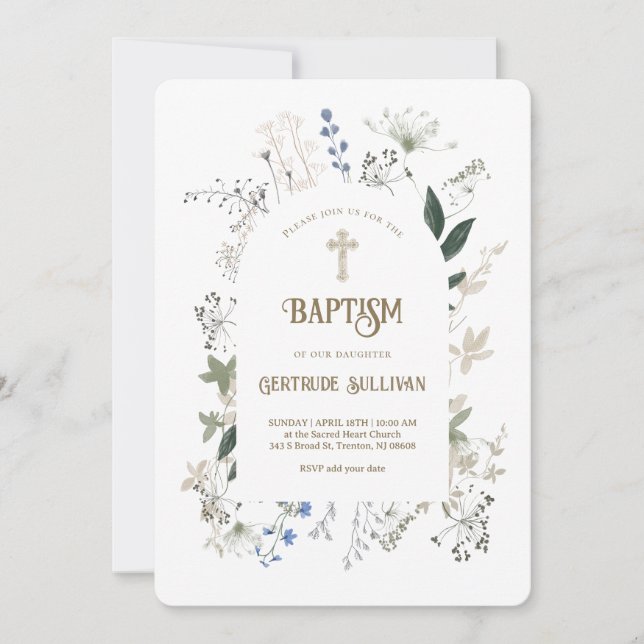 meadow flowers frame Baptism Invitation (Front)