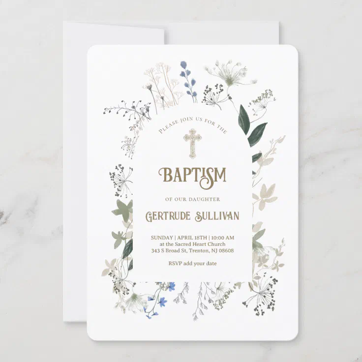 meadow flowers frame Baptism Invitation | Zazzle