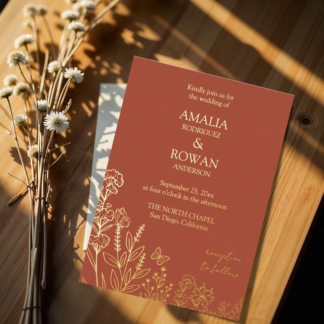Meadow Flowers Terracotta Wedding Foil Invitation (Creator Uploaded)