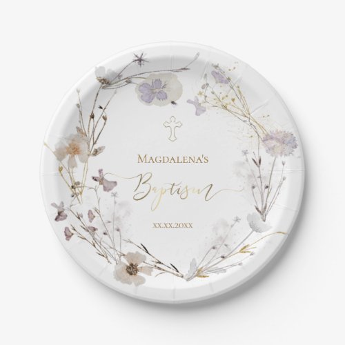 meadow flowers wreath Baptism Paper Plates
