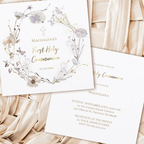 meadow flowers wreath First Holy Communion Invitation