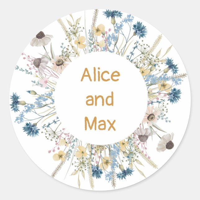 Meadow frame summer yellow blue flowers customize classic round sticker (Front)
