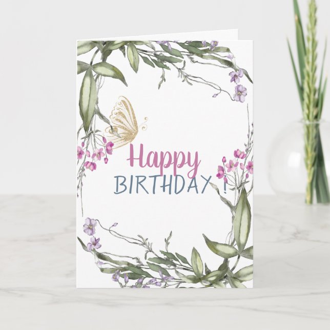 Meadow Gold Glitter Butterfly Birthday Card (Front)