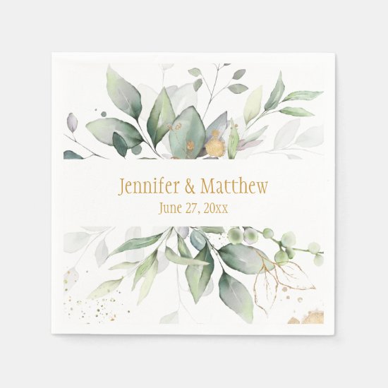 Meadow Green and Gold Botanical Eucalyptus Leaves Napkin
