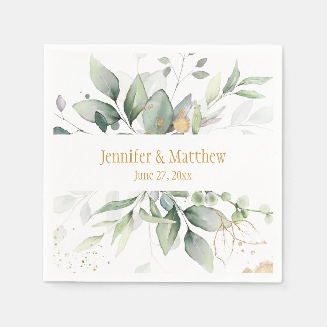 Meadow Green and Gold Botanical Eucalyptus Leaves Napkins (Front)