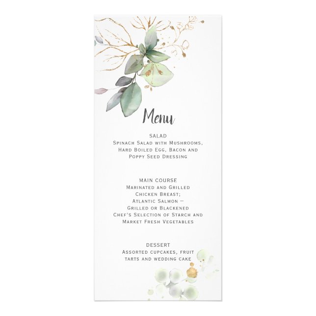 Meadow Green and Gold Botanical Wedding Menu (Front)