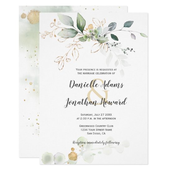 Meadow Green and Gold Botanicals Wedding Invitation