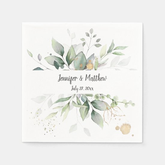 Meadow Green and Gold Frame Botanicals Wedding Napkin