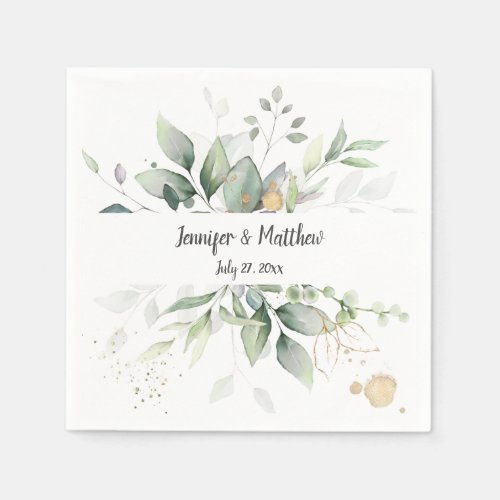 Meadow Green and Gold Frame Botanicals Wedding Napkins