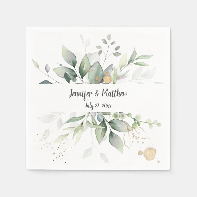 Meadow Green and Gold Frame Botanicals Wedding Napkins (Front)