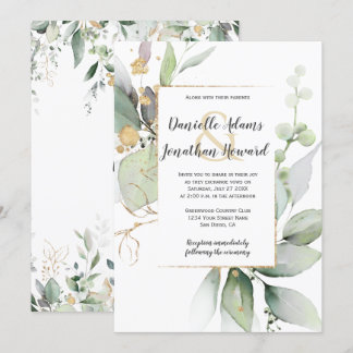 Meadow Green and Gold Leaves Geometric Wedding Inv Invitation