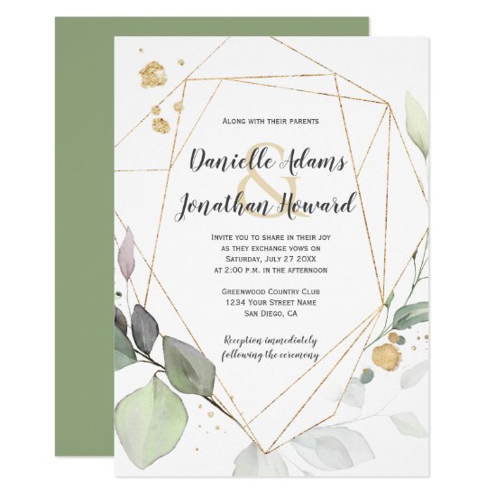 Meadow Green and Gold Leaves Geometric Wedding Invitation