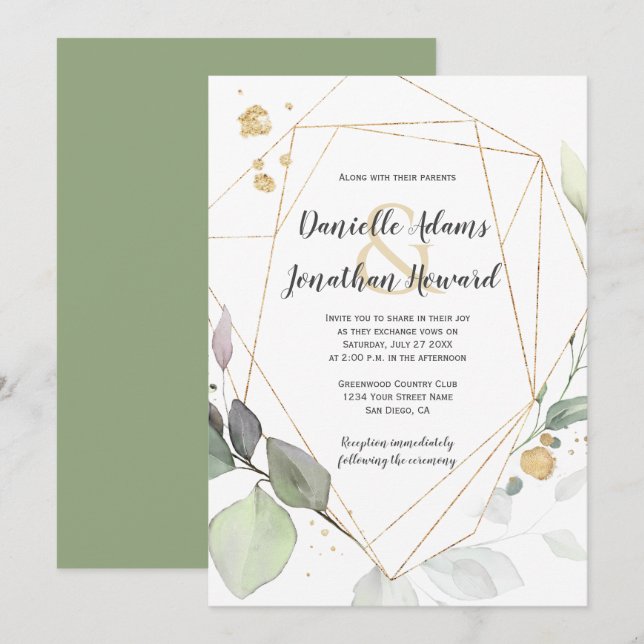 Meadow Green and Gold Leaves Geometric Wedding Invitation (Front/Back)