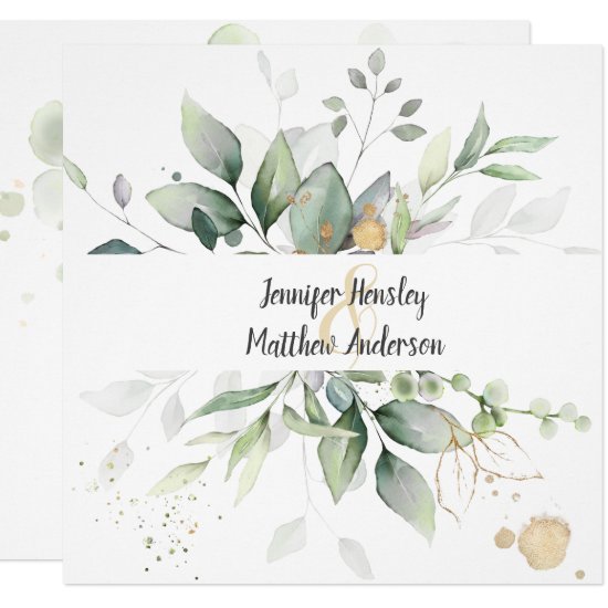Meadow Green Gold Framed Leaves Wedding Invitation
