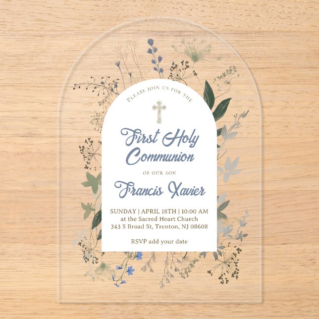 meadow greenery frame First Holy Communion Acrylic Invitations (Front)