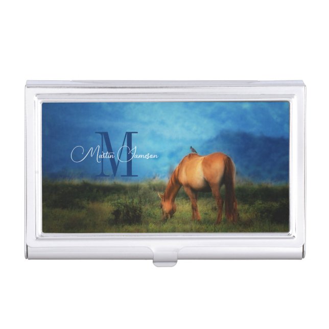 Meadow Horse with Bird Monogrammed Business Card Case (Front)