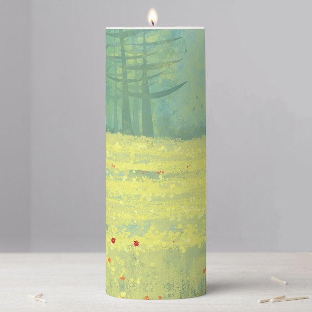 Meadow Landscape Painting Pillar Candle (Abstract landscape green and yellow decorative pillar candle)