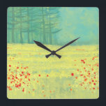 Meadow Landscape Painting Square Wall Clock<br><div class="desc">A modern contemporary landscape painting featuring a peaceful flower filled summer meadow with birds flying against the sky and a forest of pine trees in the distance.  Fresh and uplifting yellow and green colors. Original art by Nic Squirrell.</div>