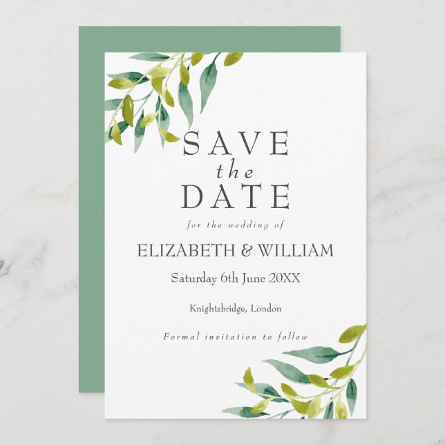 Meadow Leaves Greenery Save the Date Card (Front/Back)