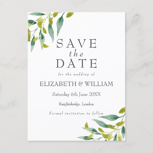 Meadow Leaves Watercolour Wedding Save the Date Announcement Postcard