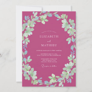 Meadow Magenta Leafy Painted Wedding Invitation