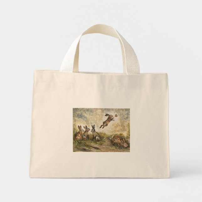 Meadow Matchup Playful Hares in a Meadow  Mini Tote Bag (Front)