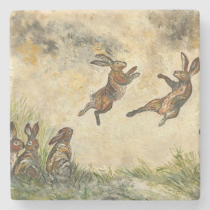 Meadow Matchup Playful Hares in a Meadow Stone Coaster