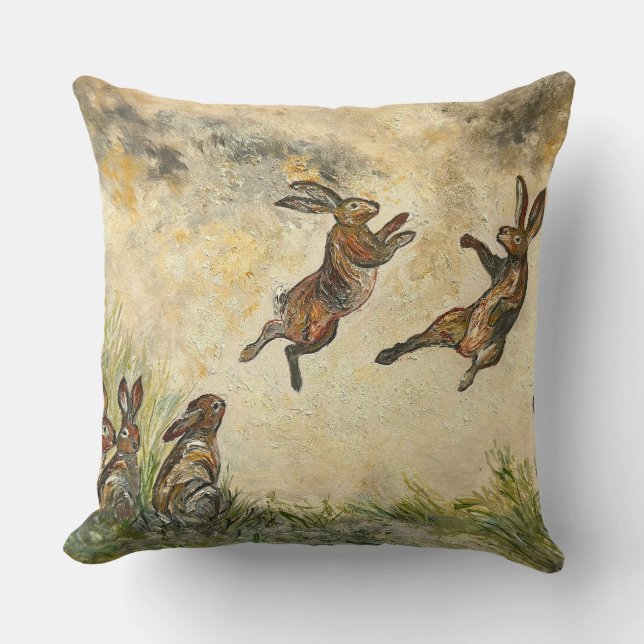 Meadow Matchup Playful Hares in a Meadow  Throw Pillow (Front)