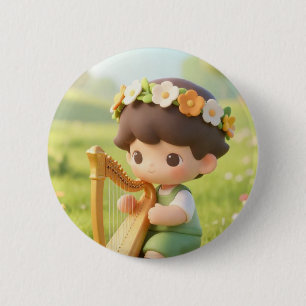 Meadow Melodies: Cute Boy with Flower Crown & Harp Button