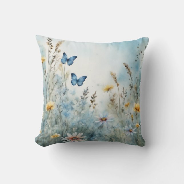 Meadow Muse | Butterfly and Wildflower Watercolor Throw Pillow (Front)