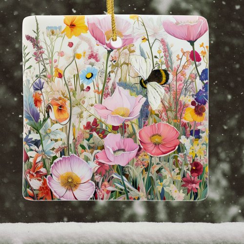 Meadow of Cosmos and Wildflowers with Bee Boho  Ceramic Ornament