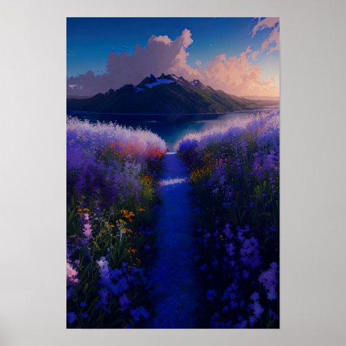 Meadow of Purple Flowers Leading to the Vast Lake Poster