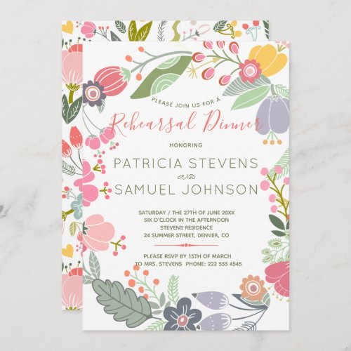 Meadow pastel blooms wreath rehearsal dinner invitation