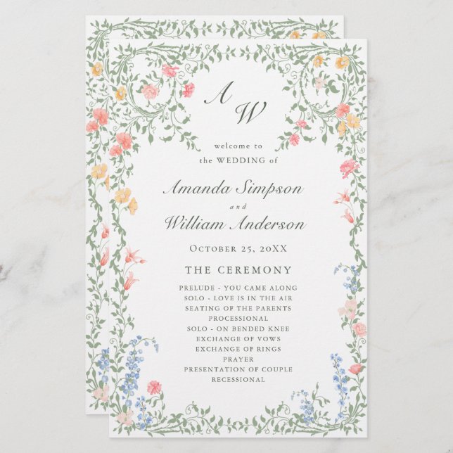 Meadow Pastel French Rose Wedding Ceremony Program (Front/Back)