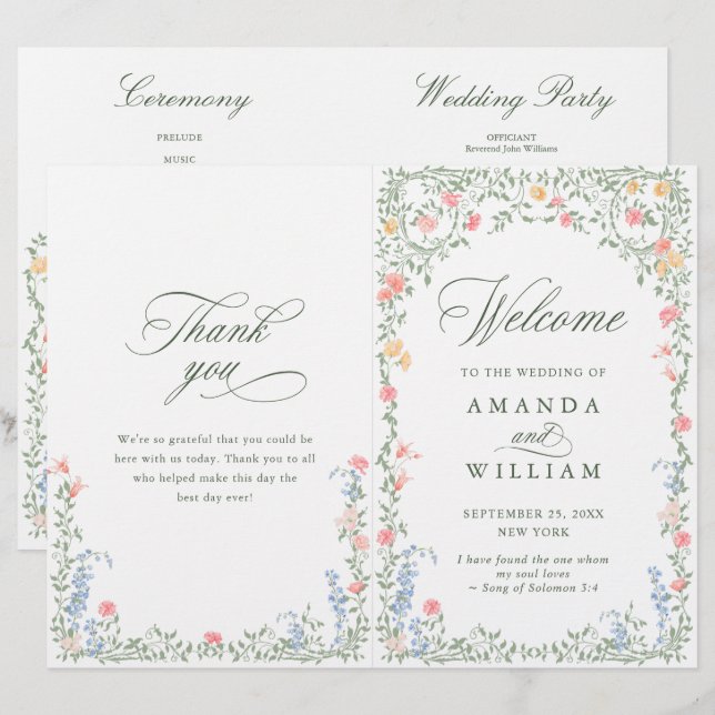 Meadow Pastel French Rose Wedding Ceremony Program (Front/Back)