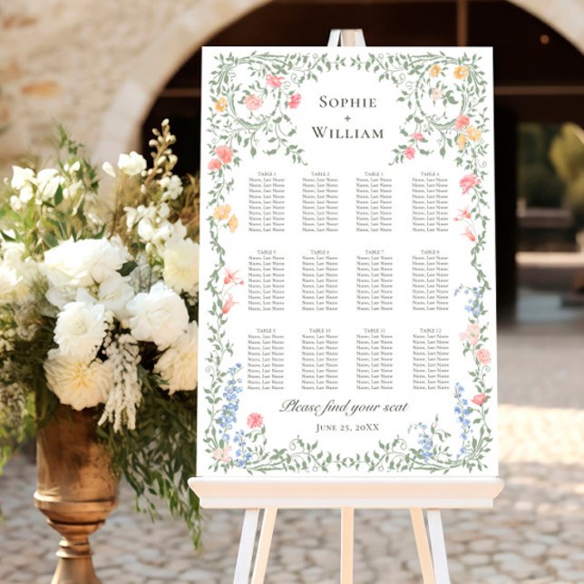 Meadow Pastel French Roses 12 Tables SEATING CHART Foam Board (Creator Uploaded)