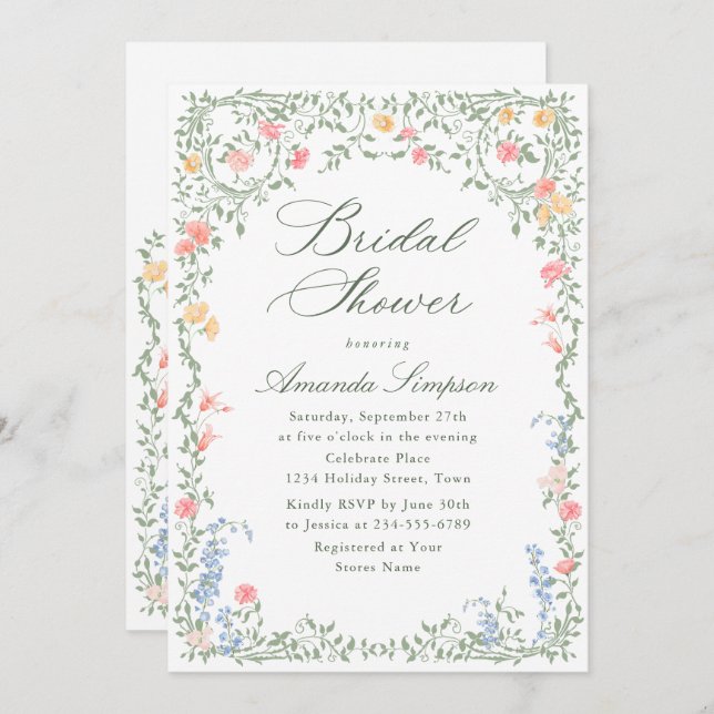 Meadow Pastel French Roses Floral Bridal Shower Invitation (Front/Back)