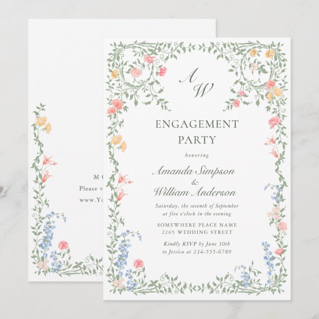 Meadow Pastel French Roses Floral ENGAGEMENT PARTY Invitation (Front/Back)