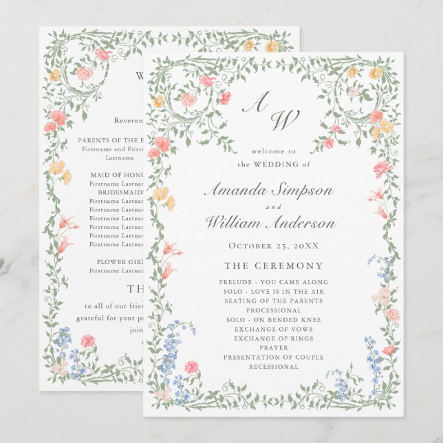 Meadow Pastel French Roses Floral Wedding Ceremony Program (Front/Back)