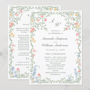 Meadow Pastel French Roses Floral Wedding Ceremony Program