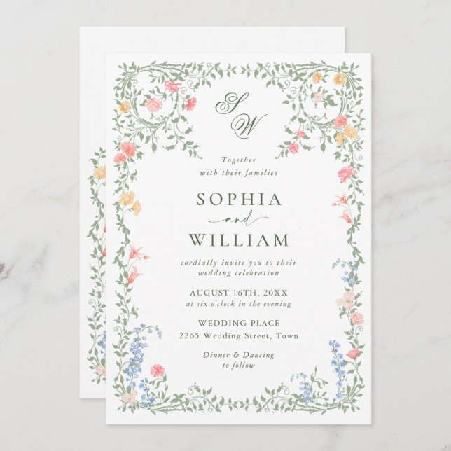 Meadow Pastel French Roses Floral Wedding Invitation (Front/Back)