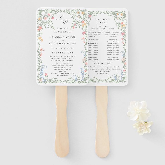 Meadow Pastel French Roses Floral Wedding Program Hand Fan (Front and Back)