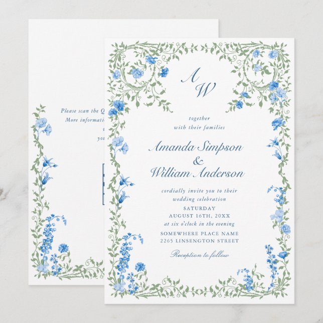 Meadow Pastel French Roses Floral Wedding QR code Invitation (Front/Back)
