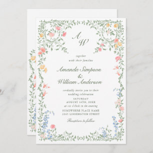 Meadow Pastel French Roses Floral Wedding QR code Invitation